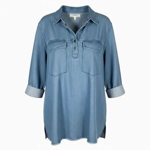 ZARA Linen/Lyocell Denim Tunic Frayed Hem Top Shirt S